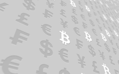 Bitcoin and currency on a gray background. Digital Cryptocurrency symbol. Business concept. Market Display. 3D illustration
