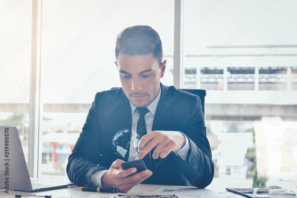 Poster internet of things concept,businessman using smartphone with technologies monitor stock market busin