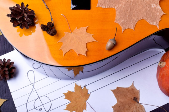 Music autumn composition consisting of guitar, cones, dry leaves and musical staff