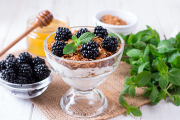 Healthy layered dessert with yogurt, granola, blackberry in glass on wood background