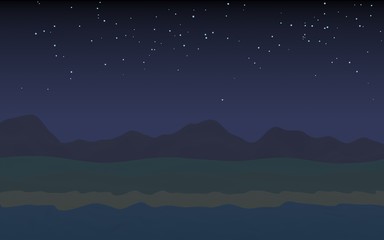Obraz premium Starry moonless sky. Ocean shore line with waves on a beach. Island beach paradise with waves. Vacation, summer, relaxation. Seascape, seashore. Minimalist landscape, primitivism. 3D illustration