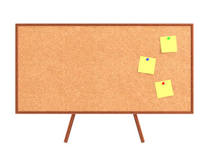 Empty cork board (noticeboard) with yellow sticky notes isolated on white. Mockup template - 3D rendering
