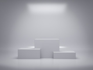 White pedestal for display,Platform for design,Blank product stand,clean background.3D rendering