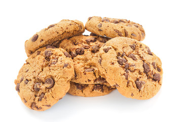 Pile of chocolate cookies on white background