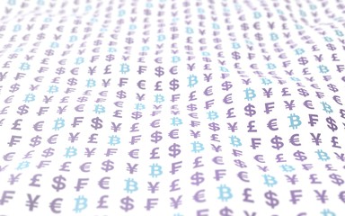 Bitcoin and currency on a white background. Digital Cryptocurrency symbol. Wave effect, currency market fluctuations. Business concept. 3D illustration