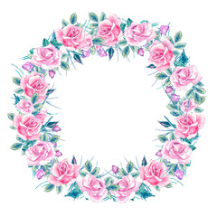 Floral wreath with bouquet white, pink roses, red carnations flowers, buds, leaves , small twigs