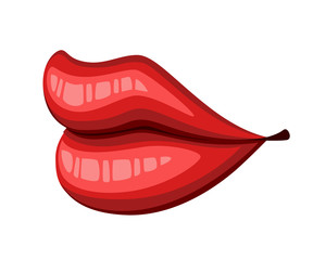 Red lips kiss. Flat style mouth and lips. Kiss sexy logo icon for card. Vector illustration isolated on white background