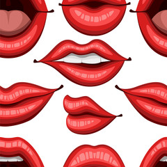 Seamless pattern. Red sexy lips illustration. Biting, smile and open lips. Flat style mouth and lips. Kiss sexy logo icon for card. Vector illustration on white background