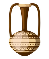 Ancient amphora illustration. Amphora with pattern and two handle. Greek or roman culture. Brown color and patterns. Flat vector illustration isolated on white background. Greek pottery icon