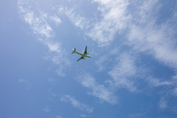 Airplane flys across blue sky