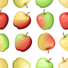 Seamless pattern. Set of nine different color apples. Fresh delicious fruit illustration. Flat vector illustration on white background