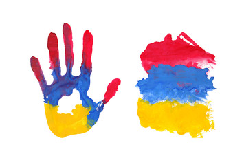 handprint in the form of the flag of Armenia. black, red, green color of the flag