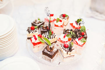 Different kinds of baked sweets on a buffet