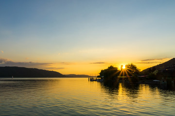 Germany, Golden sunset at lake constance holiday village Sipplingen