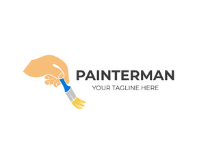 Painter and hand holds a brush and paints with a brush, logo design. Building, repair of houses and premises, vector design and illustration