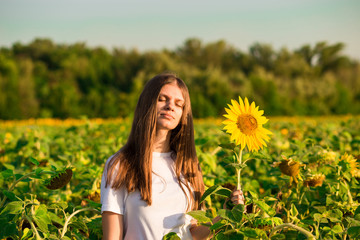 Naklejka na ściany i meble Summer portrait of happy young woman in hat with long hair in sunflower field enjoying nature