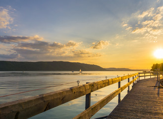 Germany, Landing stage at silent water of lake constance summer sunset