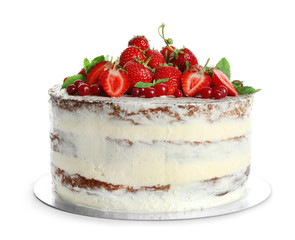 Delicious homemade cake with fresh berries on white background