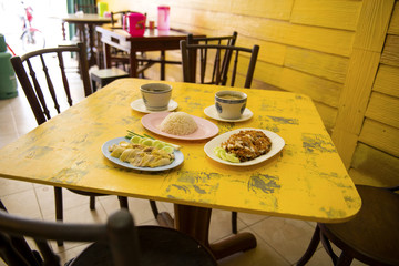 Fried chicken and Boiled chicken, Bitter soup with rice delicious breakfast prepared on the table to eat