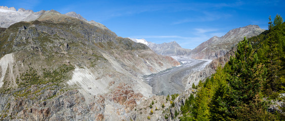Panoramic view to the glacier of aletsch (Aletschgletscher), a nice hike in autumn from Bettmeralp...