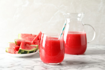 Tasty summer watermelon drink served on table