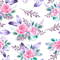Watercolor floral pattern. Seamless pattern with purple and pink bouquet on white background. Meadow flowers, roses