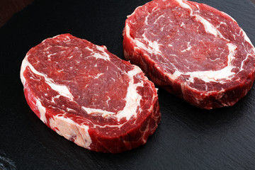 Steak raw. Barbecue Rib Eye Steak, dry Aged Wagyu Entrecote Steak.