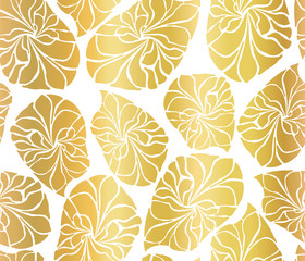 Gold foil mosaic leaves seamless vector background. Golden abstract leaf shapes on white background. Elegant, luxurious pattern for wallpaper, scrap booking, banners, packaging, wedding, party, invite