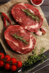 Fototapeta na wymiar Steak raw. Barbecue Rib Eye Steak, dry Aged Wagyu Entrecote Steak.