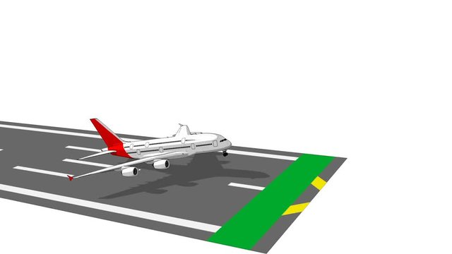 The big airplane is taking off. Cartoon style 3d animation on white background. Includes alpha matte for composing over footage or another background