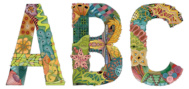Letters A, B, C zentangle. Vector decorative object