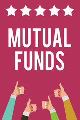 Writing note showing Mutual Funds. Business photo showcasing An investment program funded by shareholders Individual Stocks Men women hands thumbs up approval stars information purple background