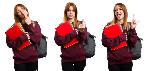 Set of Student woman making horn gesture
