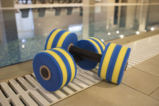 foam dumbbells for sports lie in the pool, the concept of a healthy lifestyle - Powered by Adobe