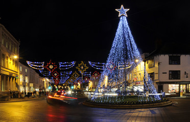 Christmas decorations in street, Stratford upon Avon, UK