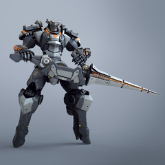 Robot warrior holds a large lance with both hands. A science-fiction mech in a standing pose. Futuristic robot with white and gray color metal. Mech Battle. 3D rendering on a gray background.