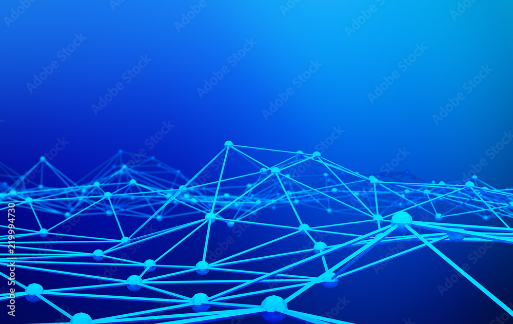 Poster digital data and network connection triangle lines and spheres in technology concept on blue backgro