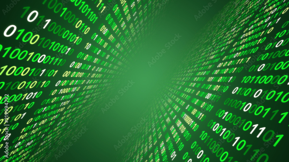 Poster 01 or binary data on the computer screen isolated on green background, 3d illustration