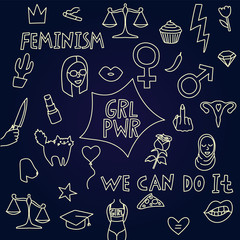 Big simple feminism set with symbols and text.  Color illustration