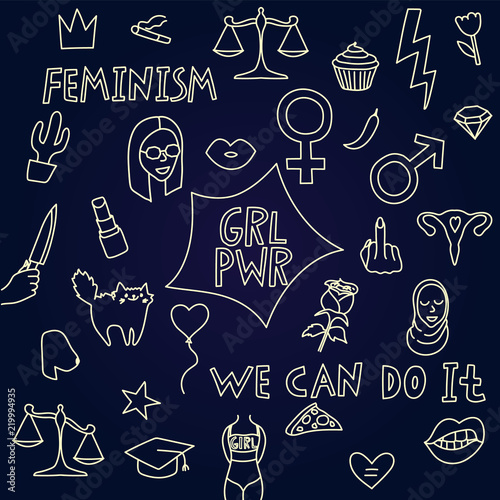 Simple Feminism Set With Symbols And Text Color Ilration Simple Feminism Set With Symbols And Text Color Ilration