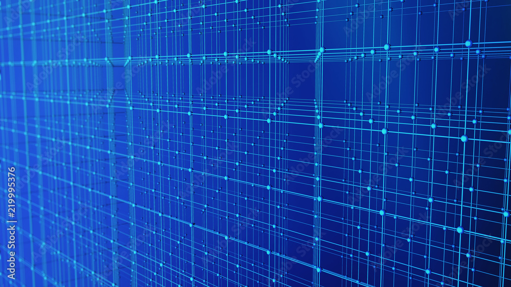 Poster digital data and network connection triangle lines and spheres in technology concept on blue backgro