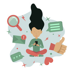 Social media concept illustration. Young woman with smartphone and social media icons. Vector illustration