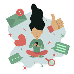 Social media concept illustration. Young woman with smartphone and social media icons. Vector illustration