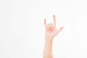 Man hand sign isolated on white background. Drive concept. Rock gesture, copy space.