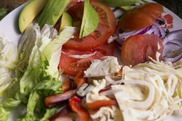 Cut fresh vegetables. Vegetables prepared for tortilla.