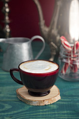 Holiday Coffee on a Blue Wood Counter