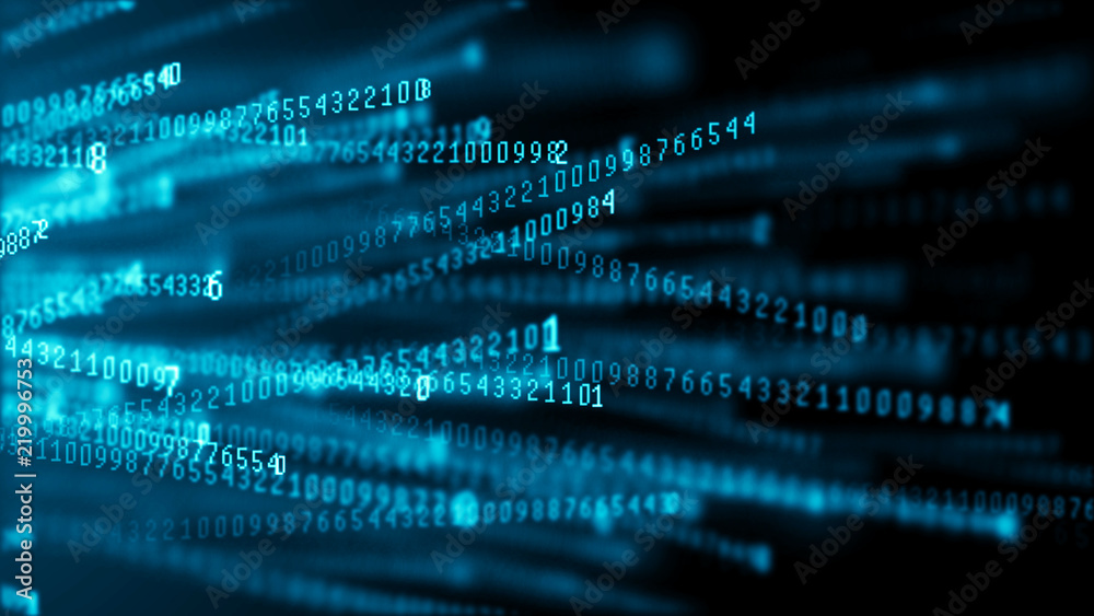 Fototapete Data technology background. Big data visualization. Flow of data. Information code. Background in a matrix style. 4k rendering.