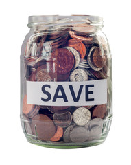 Glass jar with coins isolated
