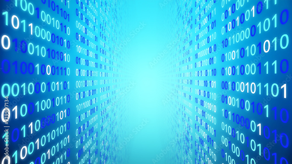 Poster 01 or binary data on the computer screen isolated on blue background, 3d illustration