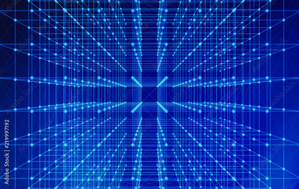 Poster digital data and network connection triangle lines and spheres in technology concept on blue backgro